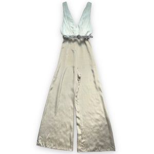 Alice + Olivia by Stacey Bendet Ivory & Gold Silk Deep V Jumpsuit | NWT Size 4